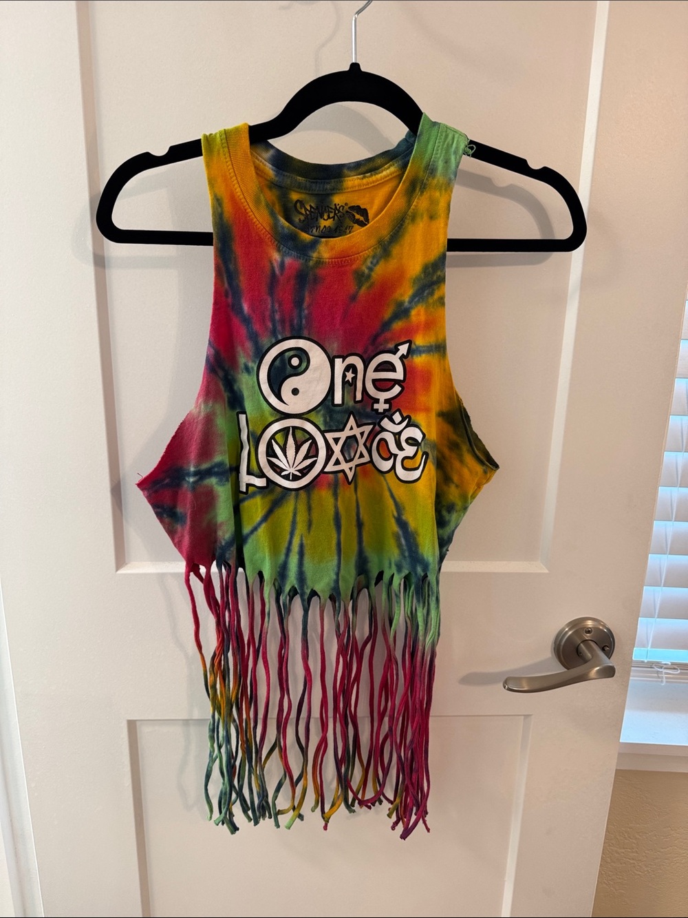 Spencers One Love Tie Dye Fringe Crop Tank Multicolor Festival Wear Graphic Top